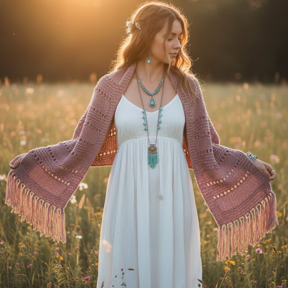 NEW Pink Metallic Hand Knit Shawl Wrap Scarf Boho Hippie Cottage Fairy Coquette